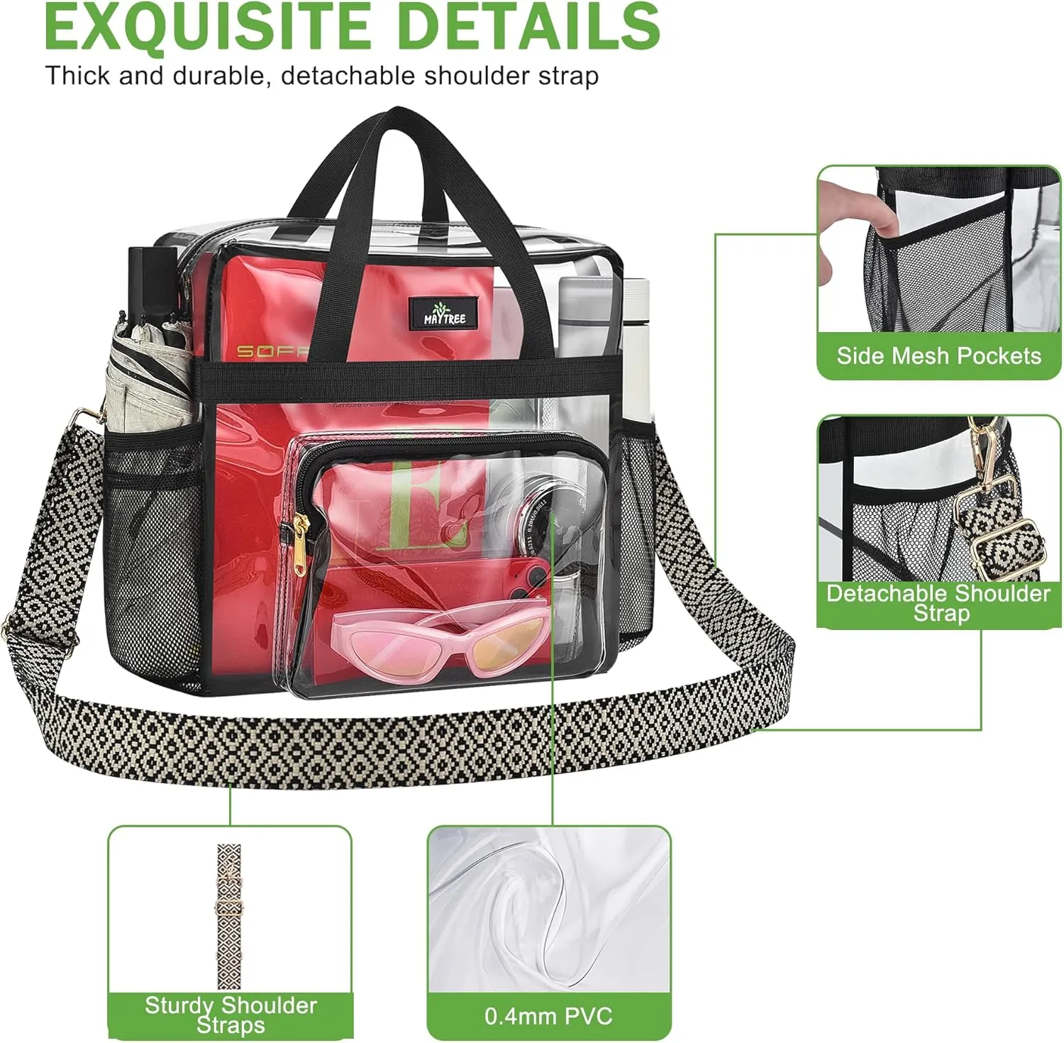 MAY TREE Clear Bag for Stadium Events, 12x6x12 Clear Tote Bag with Removable Strap, Transparent Bag for Concert Sports Festival, Wave-Strap