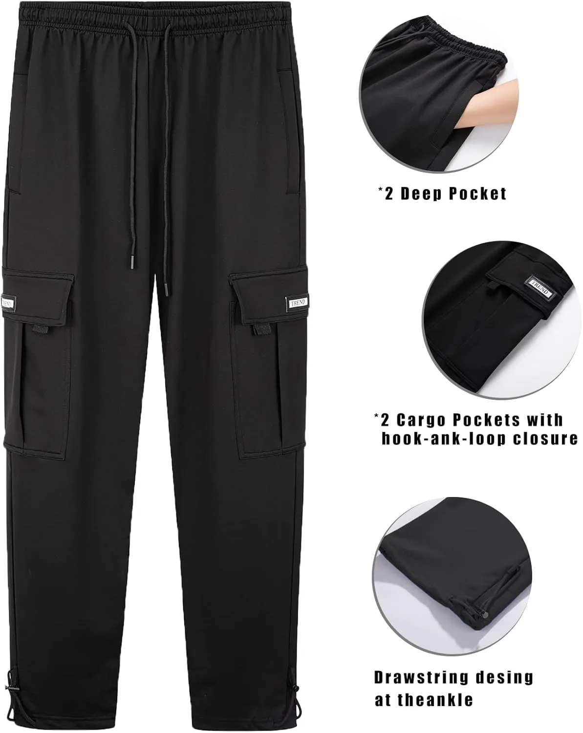 Men's Cargo Sweatpants Loose Fit Pants Joggers for Men with Pockets, Open Bottom Drawstring