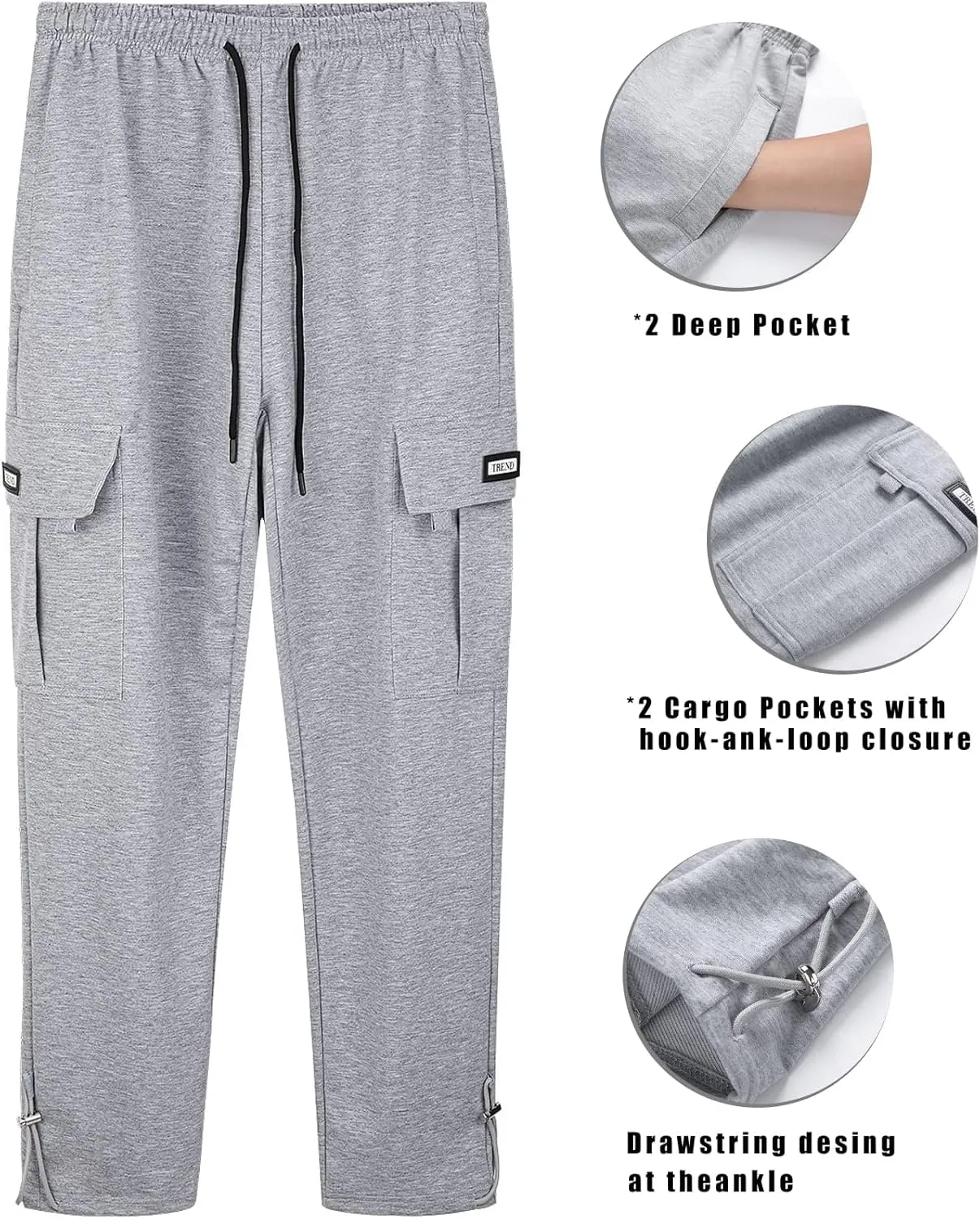 Men's Cargo Sweatpants Loose Fit Pants Joggers for Men with Pockets, Open Bottom Drawstring