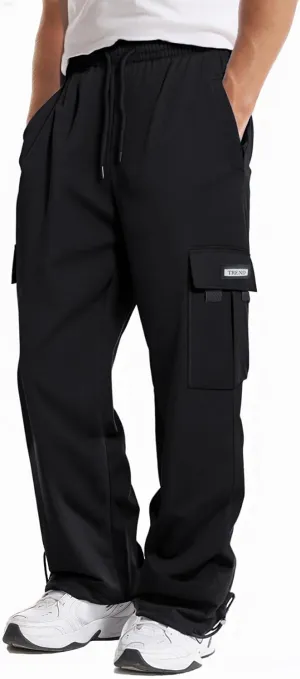 Men's Cargo Sweatpants Loose Fit Pants Joggers for Men with Pockets, Open Bottom Drawstring