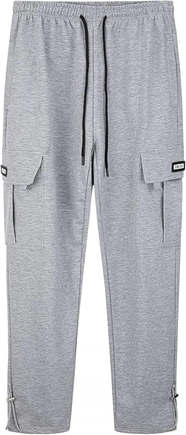 Men's Cargo Sweatpants Loose Fit Pants Joggers for Men with Pockets, Open Bottom Drawstring