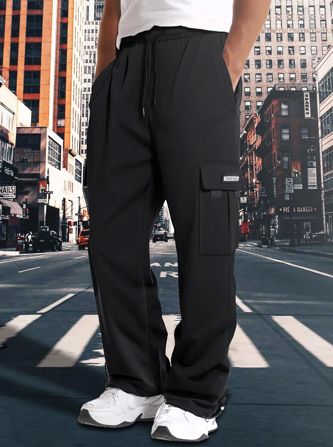 Men's Cargo Sweatpants Loose Fit Pants Joggers for Men with Pockets, Open Bottom Drawstring