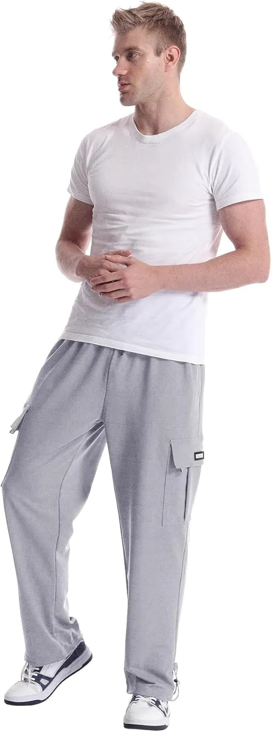 Men's Cargo Sweatpants Loose Fit Pants Joggers for Men with Pockets, Open Bottom Drawstring
