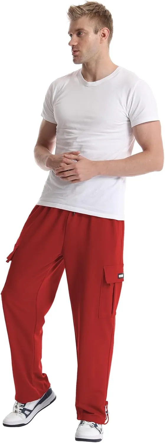 Men's Cargo Sweatpants Loose Fit Pants Joggers for Men with Pockets, Open Bottom Drawstring
