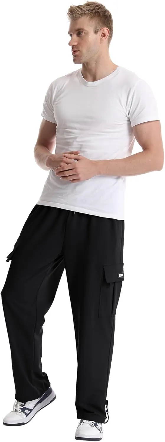Men's Cargo Sweatpants Loose Fit Pants Joggers for Men with Pockets, Open Bottom Drawstring