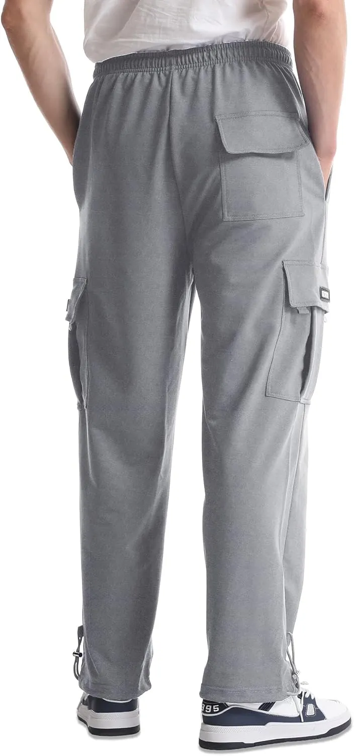 Men's Cargo Sweatpants Loose Fit Pants Joggers for Men with Pockets, Open Bottom Drawstring