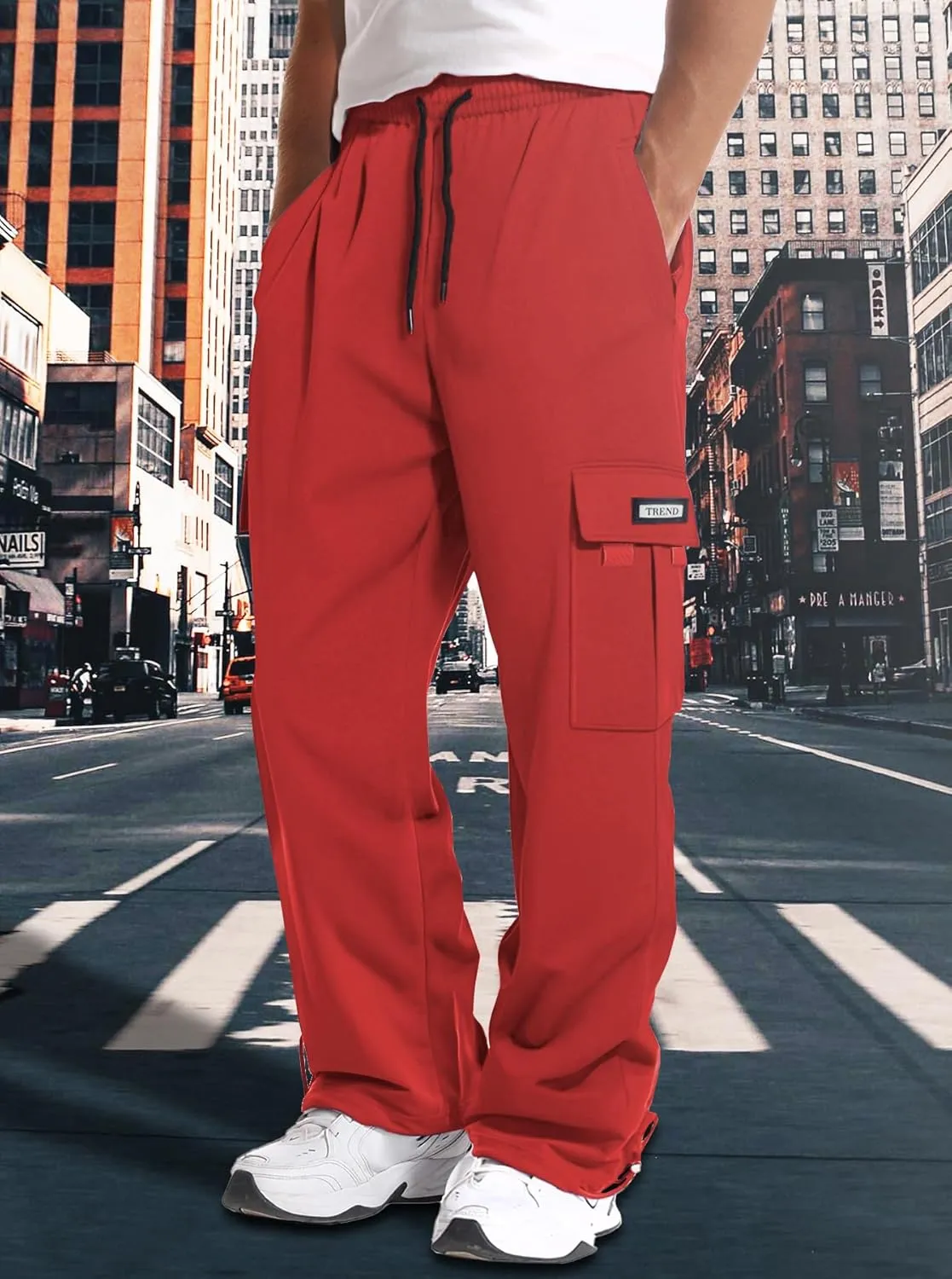 Men's Cargo Sweatpants Loose Fit Pants Joggers for Men with Pockets, Open Bottom Drawstring