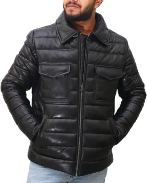 Mens Leather Puffer Jacket Real Lamb Skin Distressed Black, Warm Goosy Down Winter Puffer Coat