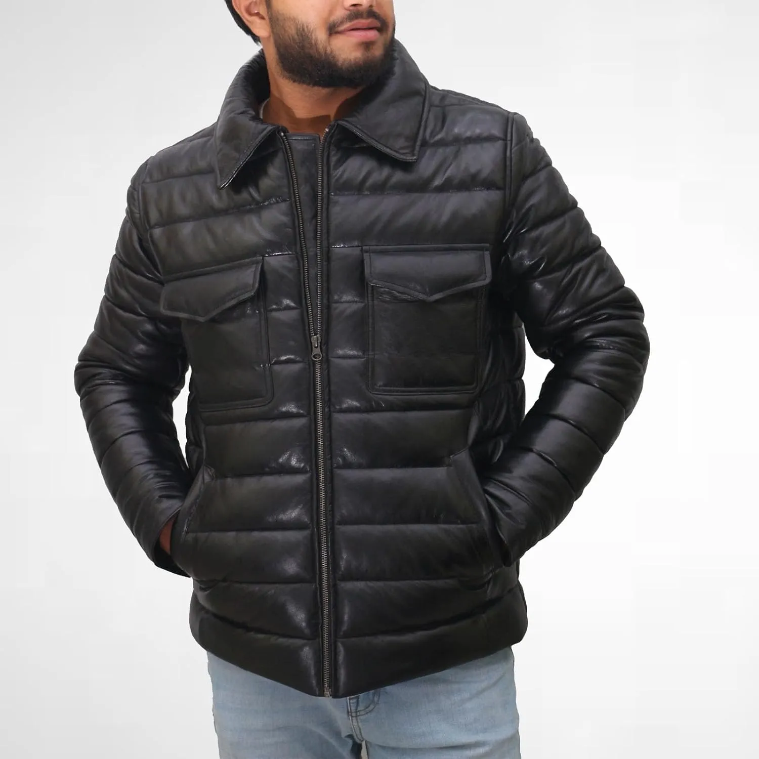 Mens Leather Puffer Jacket Real Lamb Skin Distressed Black, Warm Goosy Down Winter Puffer Coat
