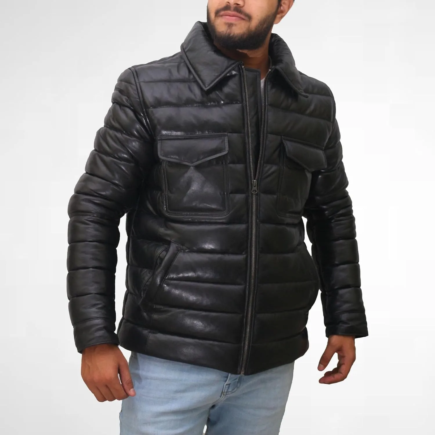 Mens Leather Puffer Jacket Real Lamb Skin Distressed Black, Warm Goosy Down Winter Puffer Coat