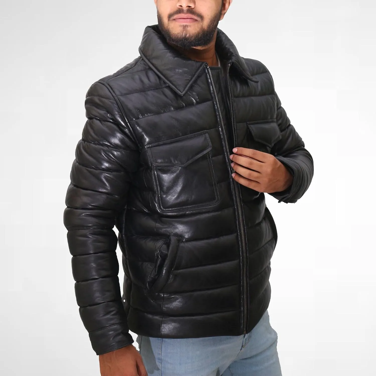 Mens Leather Puffer Jacket Real Lamb Skin Distressed Black, Warm Goosy Down Winter Puffer Coat