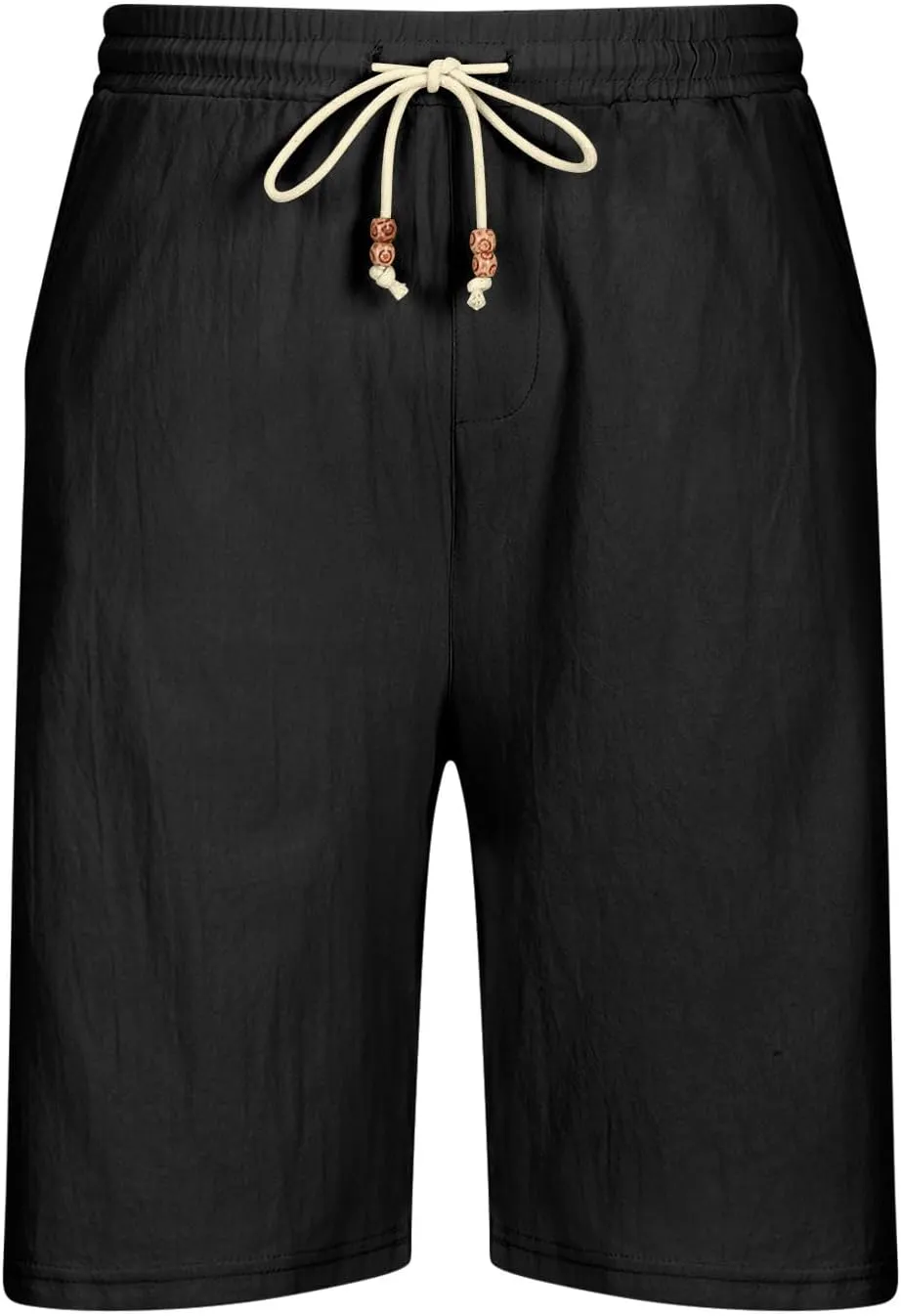 Men's Linen Casual Beach Shorts Cotton Classic Summer Shorts with Buttons Elastic Waist