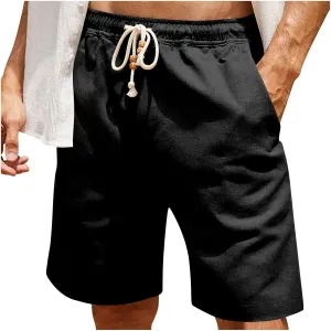 Men's Linen Casual Beach Shorts Cotton Classic Summer Shorts with Buttons Elastic Waist