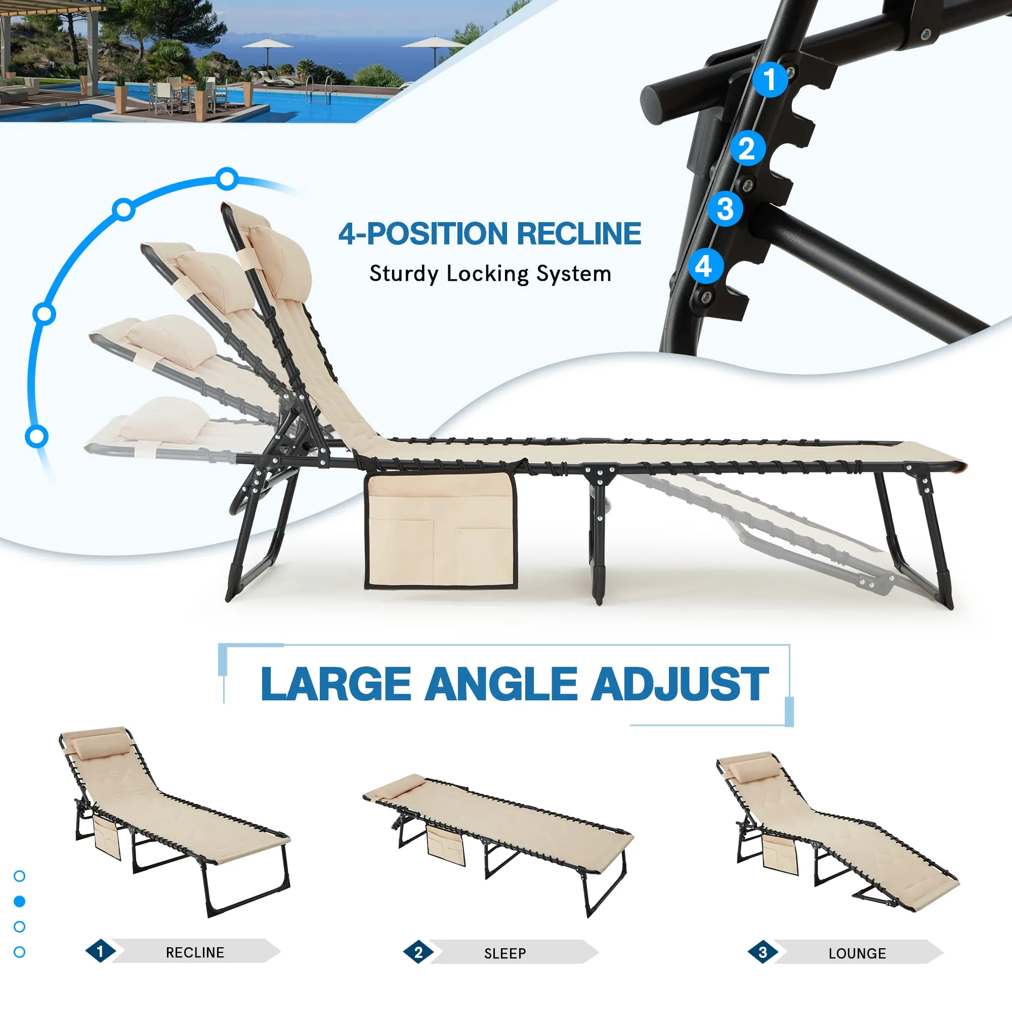 Patio Chaise Lounge Chair, Folding Recliner Adjustable Lounge Chair with Detachable Pocket and Pillow, Lightweight Pool Lounge Chairs for Outdoor Beach Lawn and Sunbathing（Khaki）
