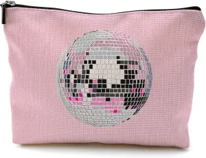 Preppy Pink Makeup Bag, Preppy Gifts for Women, Trendy Disco Ball Makeup Cosmetic Bag for Purse, Girly Makeup Bag, Girly Gifts for Women