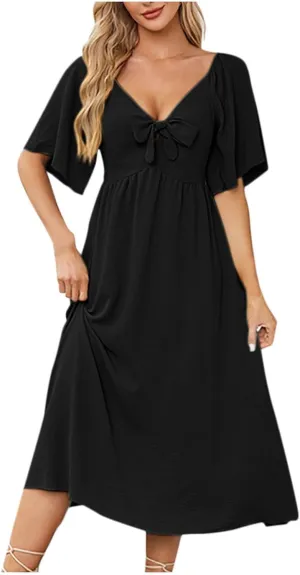 Summer Dresses for Women 2025 Casual Short Sleeve Trendy Bow Tie V Neck Ruffle Flowy Swing Midi Dresses Plus Size