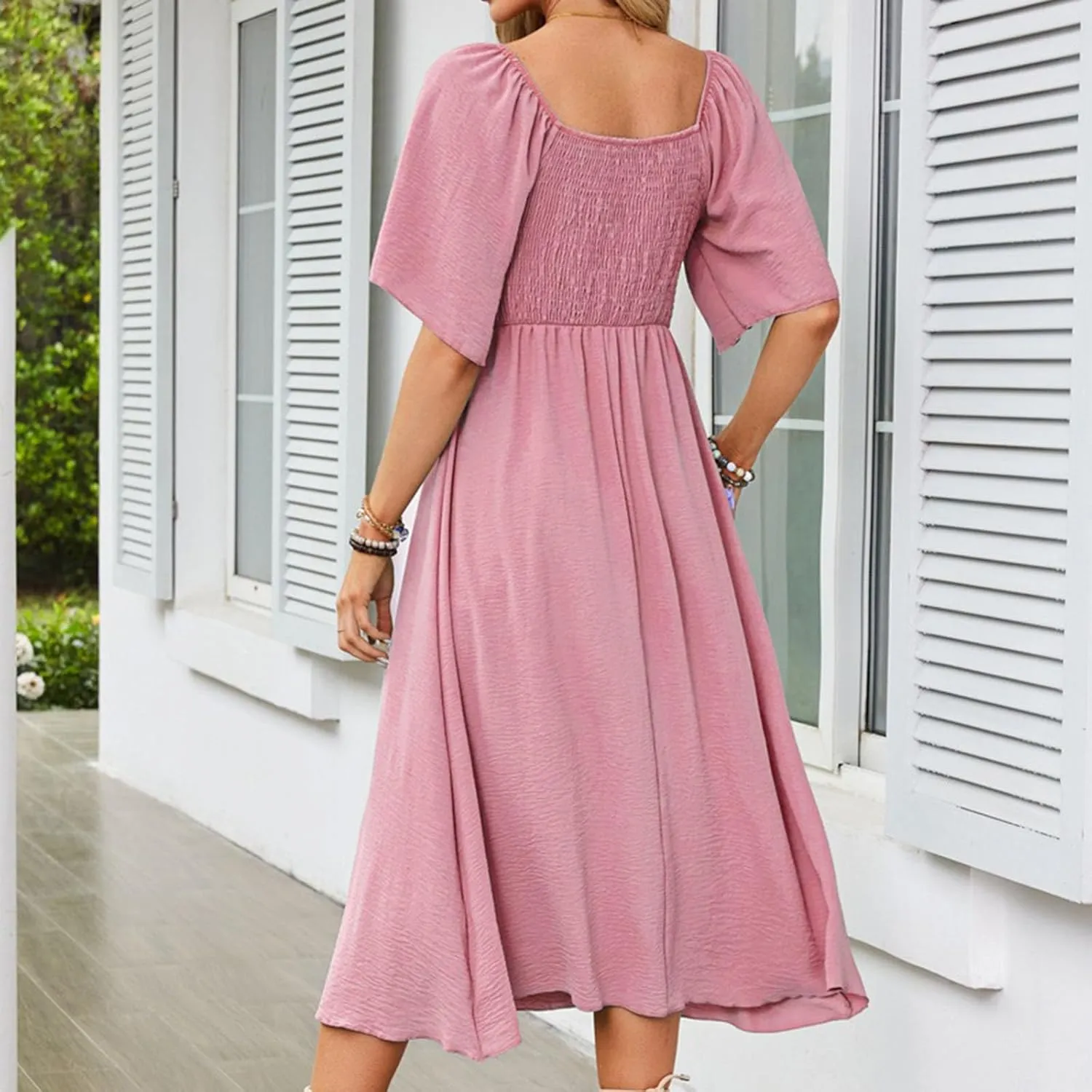 Summer Dresses for Women 2025 Casual Short Sleeve Trendy Bow Tie V Neck Ruffle Flowy Swing Midi Dresses Plus Size