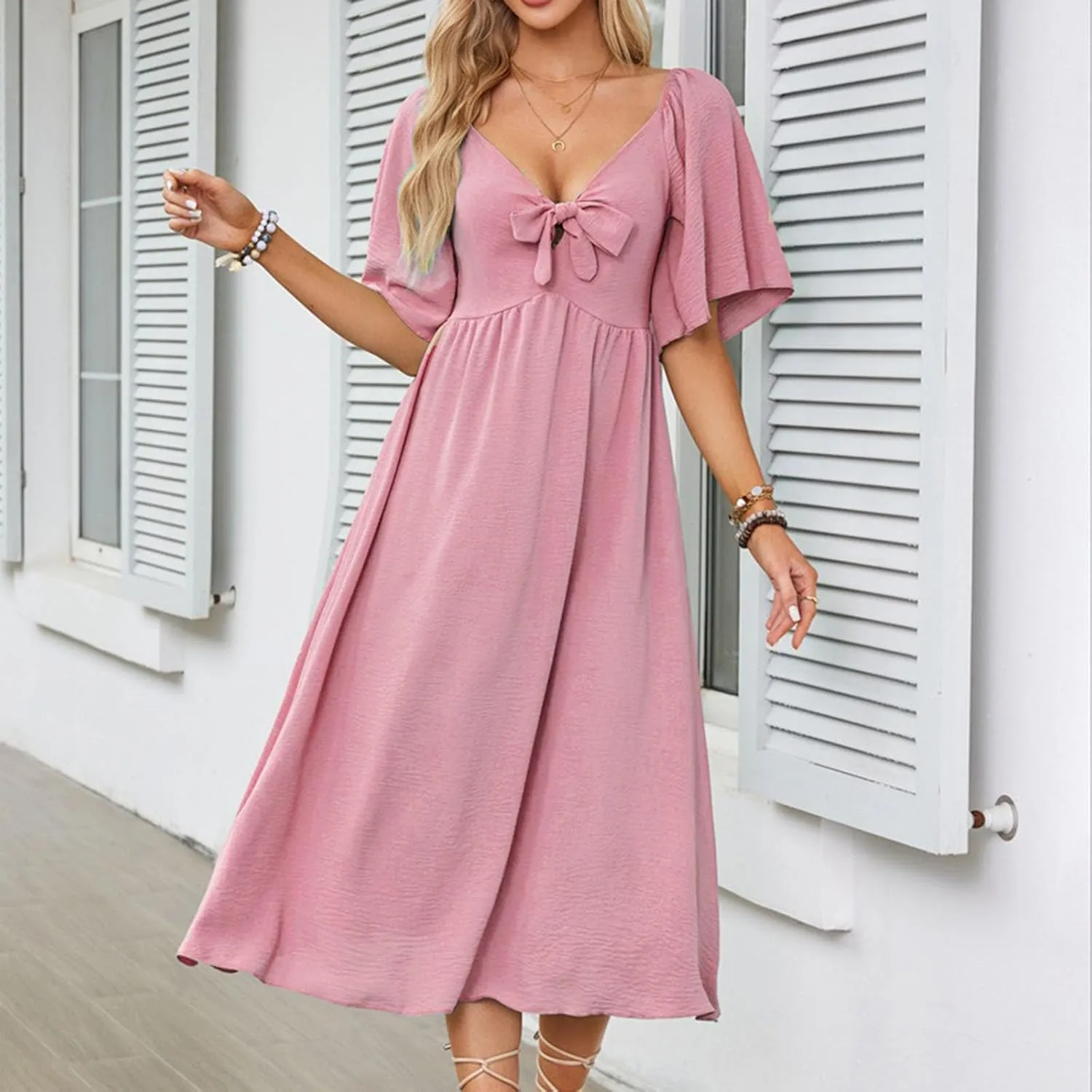 Summer Dresses for Women 2025 Casual Short Sleeve Trendy Bow Tie V Neck Ruffle Flowy Swing Midi Dresses Plus Size