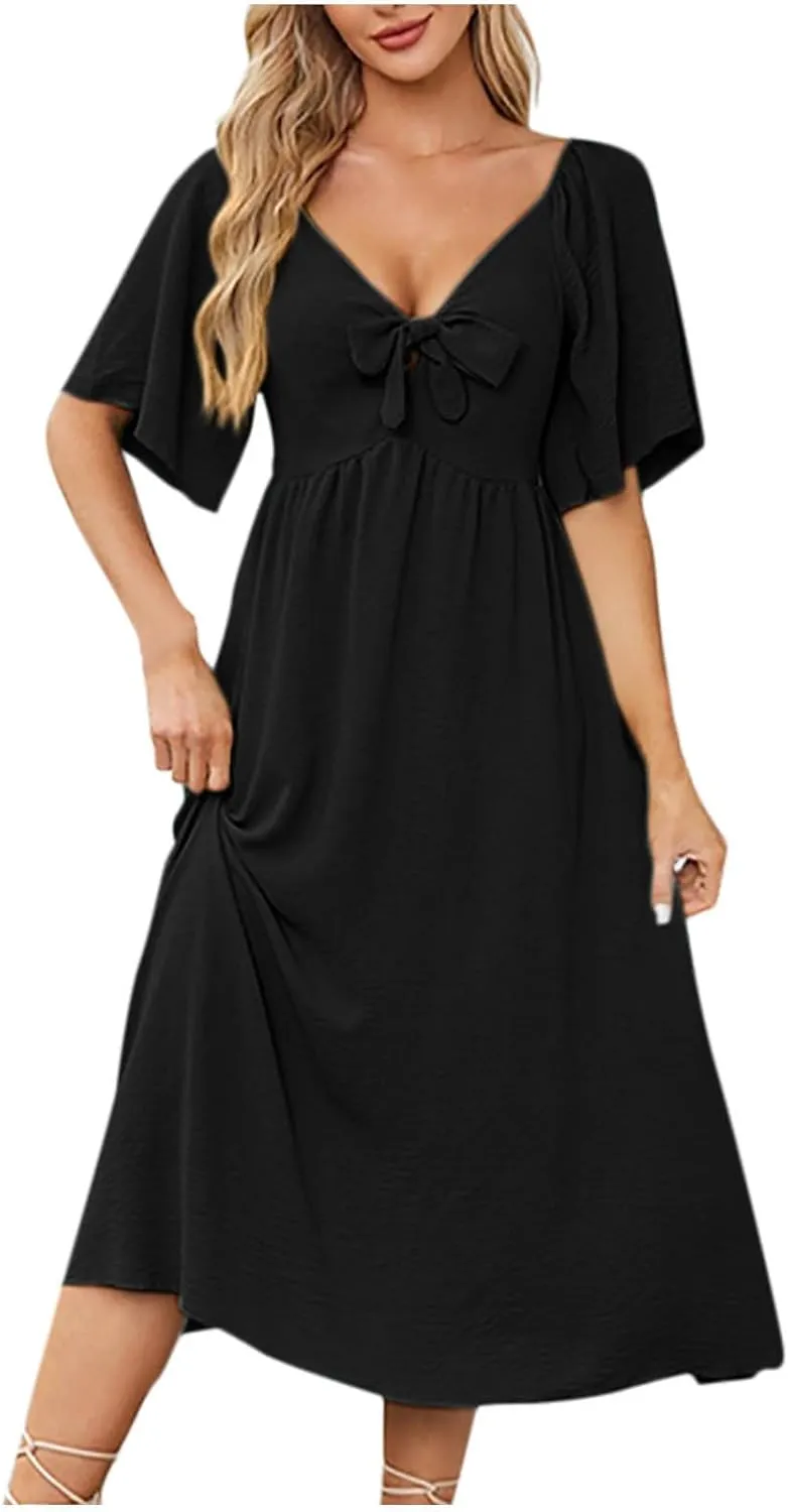 Summer Dresses for Women 2025 Casual Short Sleeve Trendy Bow Tie V Neck Ruffle Flowy Swing Midi Dresses Plus Size