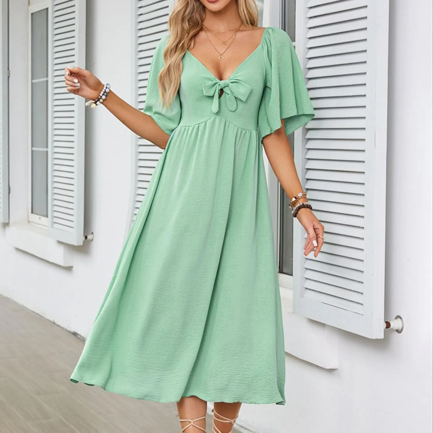 Summer Dresses for Women 2025 Casual Short Sleeve Trendy Bow Tie V Neck Ruffle Flowy Swing Midi Dresses Plus Size