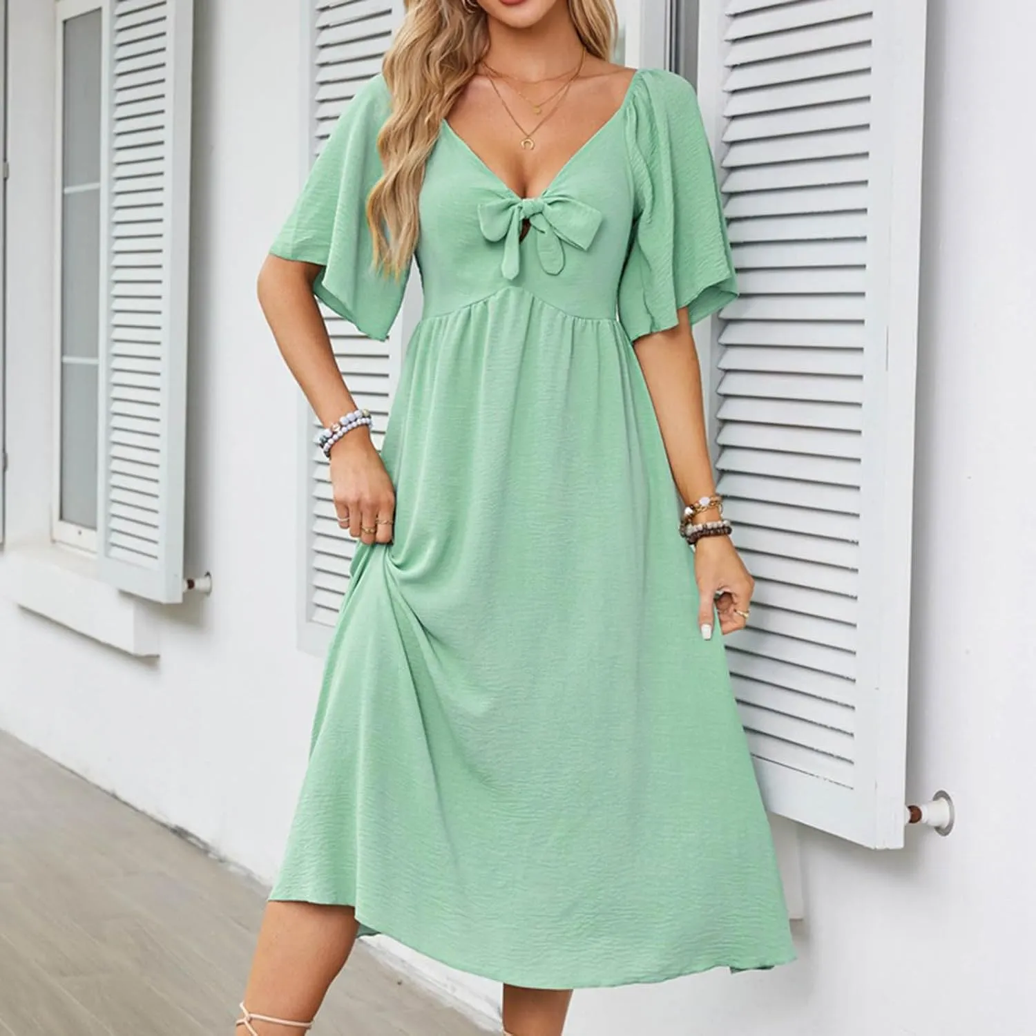 Summer Dresses for Women 2025 Casual Short Sleeve Trendy Bow Tie V Neck Ruffle Flowy Swing Midi Dresses Plus Size