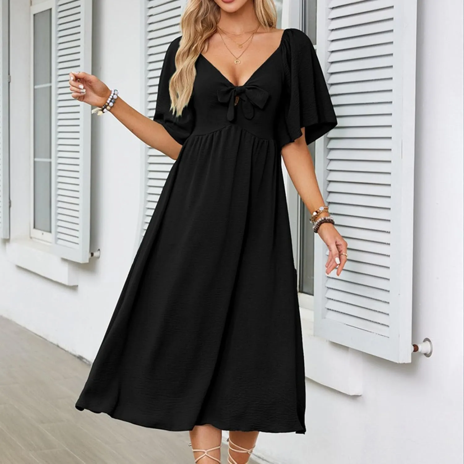Summer Dresses for Women 2025 Casual Short Sleeve Trendy Bow Tie V Neck Ruffle Flowy Swing Midi Dresses Plus Size