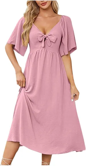 Summer Dresses for Women 2025 Casual Short Sleeve Trendy Bow Tie V Neck Ruffle Flowy Swing Midi Dresses Plus Size