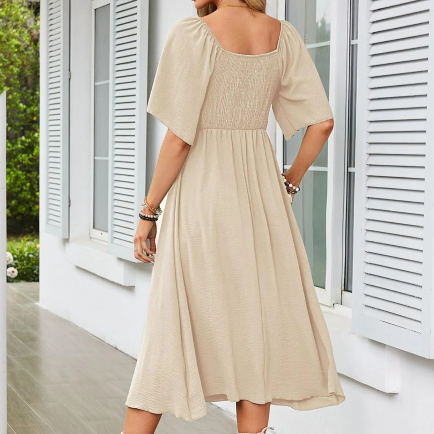 Summer Dresses for Women 2025 Casual Short Sleeve Trendy Bow Tie V Neck Ruffle Flowy Swing Midi Dresses Plus Size