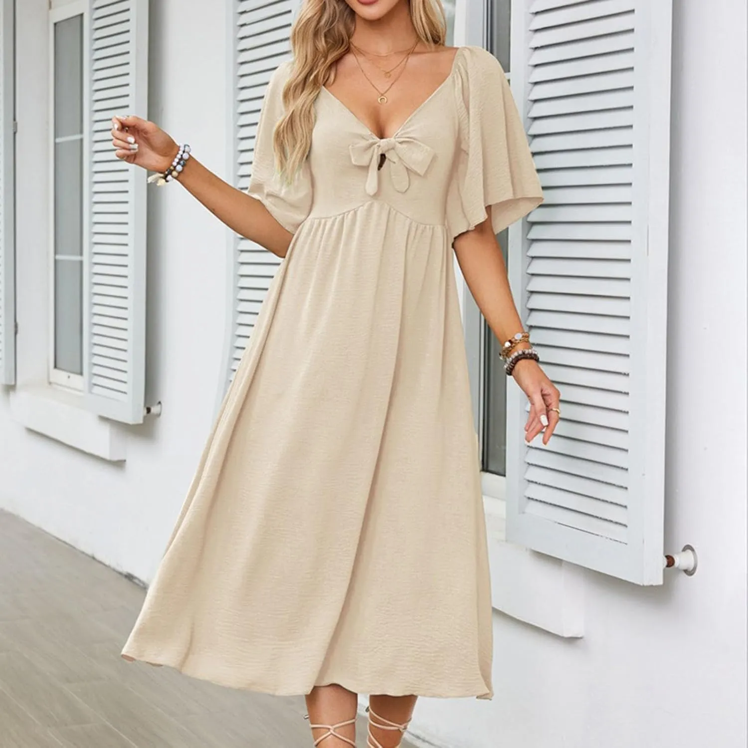 Summer Dresses for Women 2025 Casual Short Sleeve Trendy Bow Tie V Neck Ruffle Flowy Swing Midi Dresses Plus Size