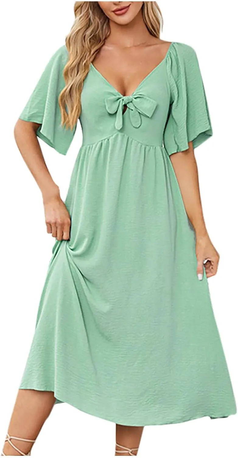 Summer Dresses for Women 2025 Casual Short Sleeve Trendy Bow Tie V Neck Ruffle Flowy Swing Midi Dresses Plus Size