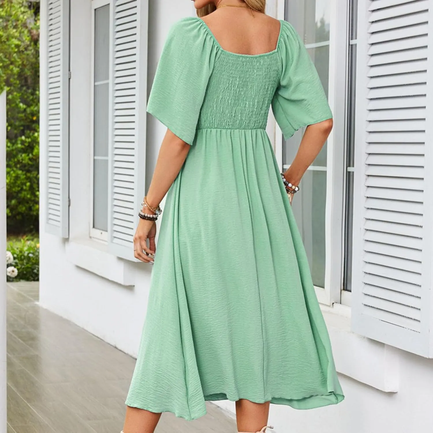 Summer Dresses for Women 2025 Casual Short Sleeve Trendy Bow Tie V Neck Ruffle Flowy Swing Midi Dresses Plus Size