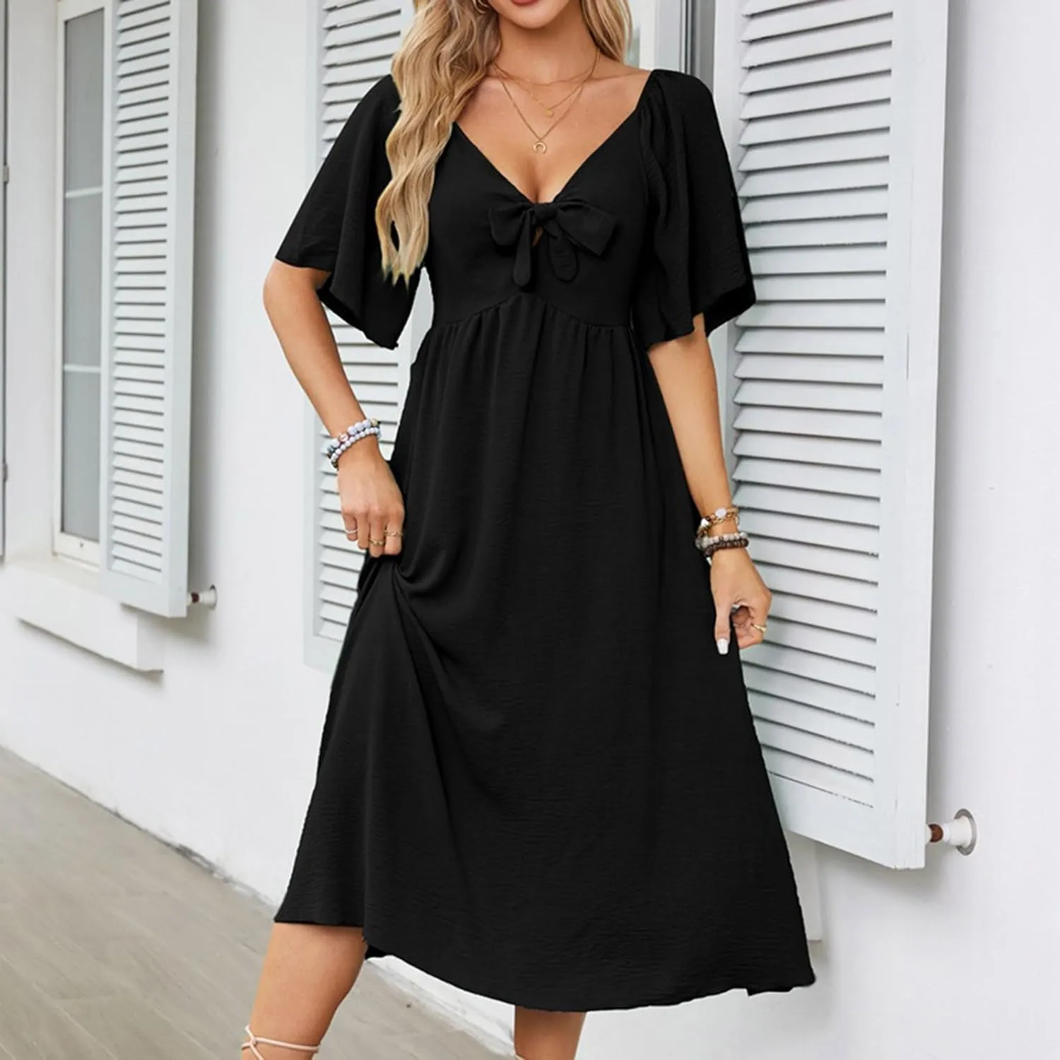 Summer Dresses for Women 2025 Casual Short Sleeve Trendy Bow Tie V Neck Ruffle Flowy Swing Midi Dresses Plus Size