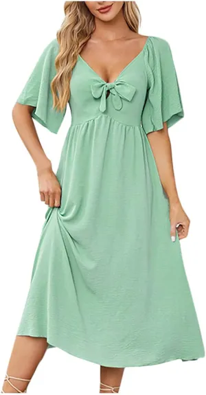 Summer Dresses for Women 2025 Casual Short Sleeve Trendy Bow Tie V Neck Ruffle Flowy Swing Midi Dresses Plus Size