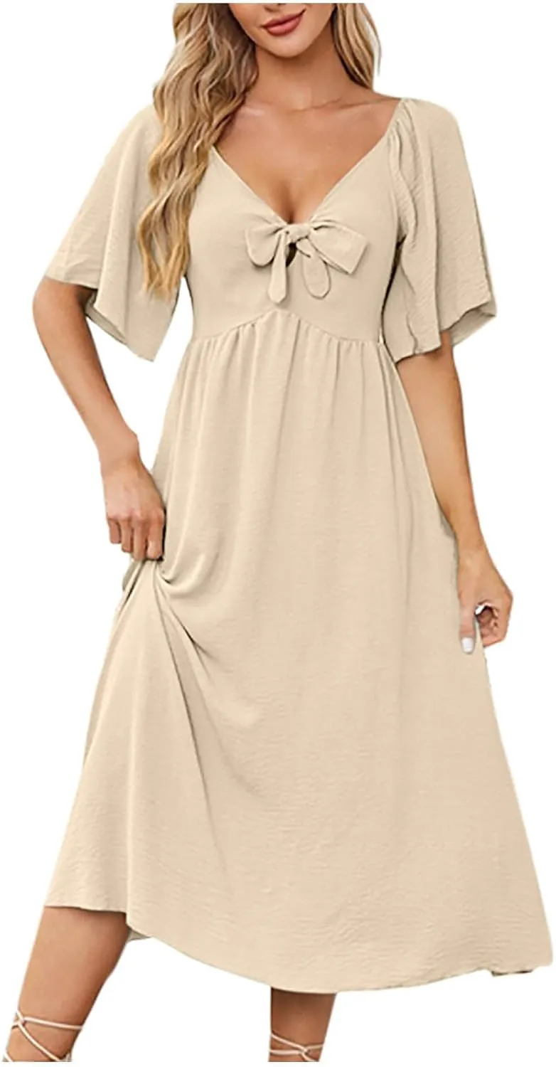 Summer Dresses for Women 2025 Casual Short Sleeve Trendy Bow Tie V Neck Ruffle Flowy Swing Midi Dresses Plus Size