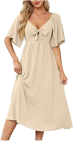 Summer Dresses for Women 2025 Casual Short Sleeve Trendy Bow Tie V Neck Ruffle Flowy Swing Midi Dresses Plus Size