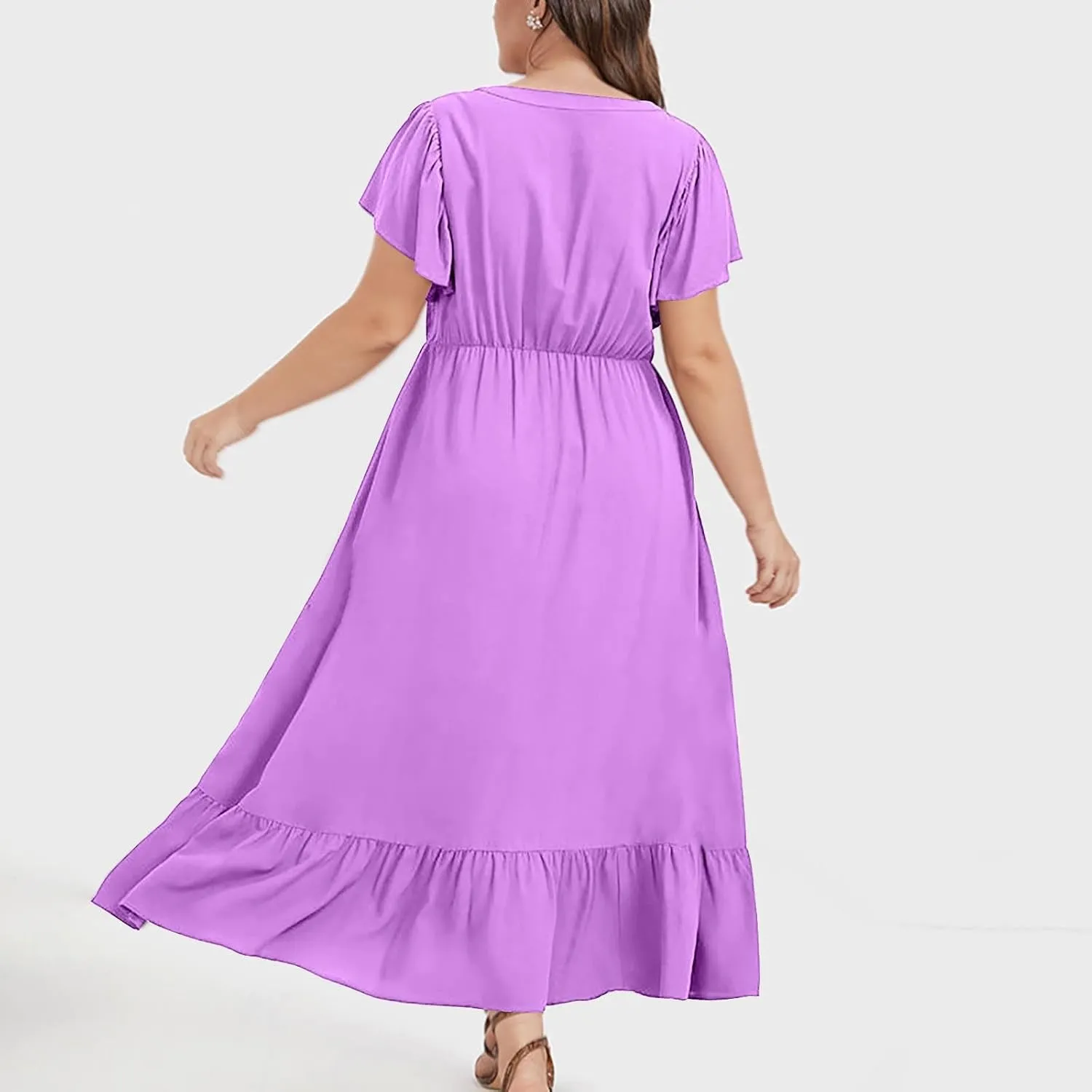 Sundresses for Women Short Sleeve V Neck Plus Size Summer Midi Dresses Ruffle Hem Flowy Swing Boho Dress with Pockets