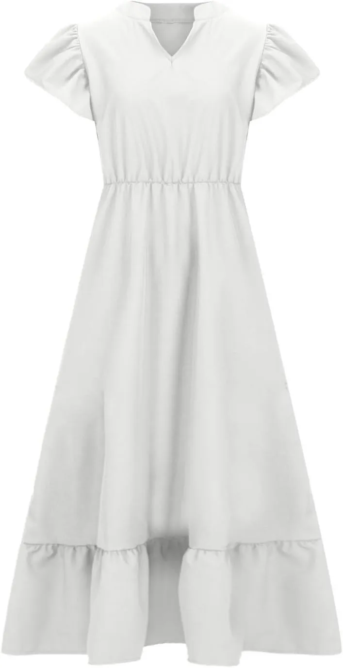Sundresses for Women Short Sleeve V Neck Plus Size Summer Midi Dresses Ruffle Hem Flowy Swing Boho Dress with Pockets