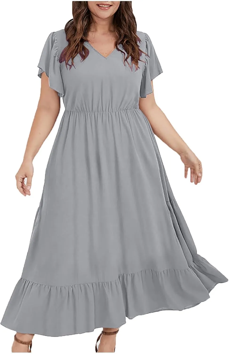 Sundresses for Women Short Sleeve V Neck Plus Size Summer Midi Dresses Ruffle Hem Flowy Swing Boho Dress with Pockets