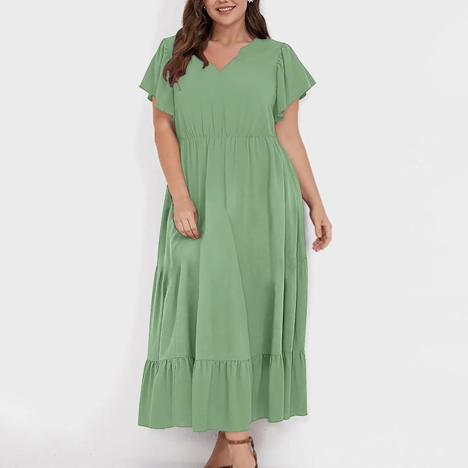 Sundresses for Women Short Sleeve V Neck Plus Size Summer Midi Dresses Ruffle Hem Flowy Swing Boho Dress with Pockets