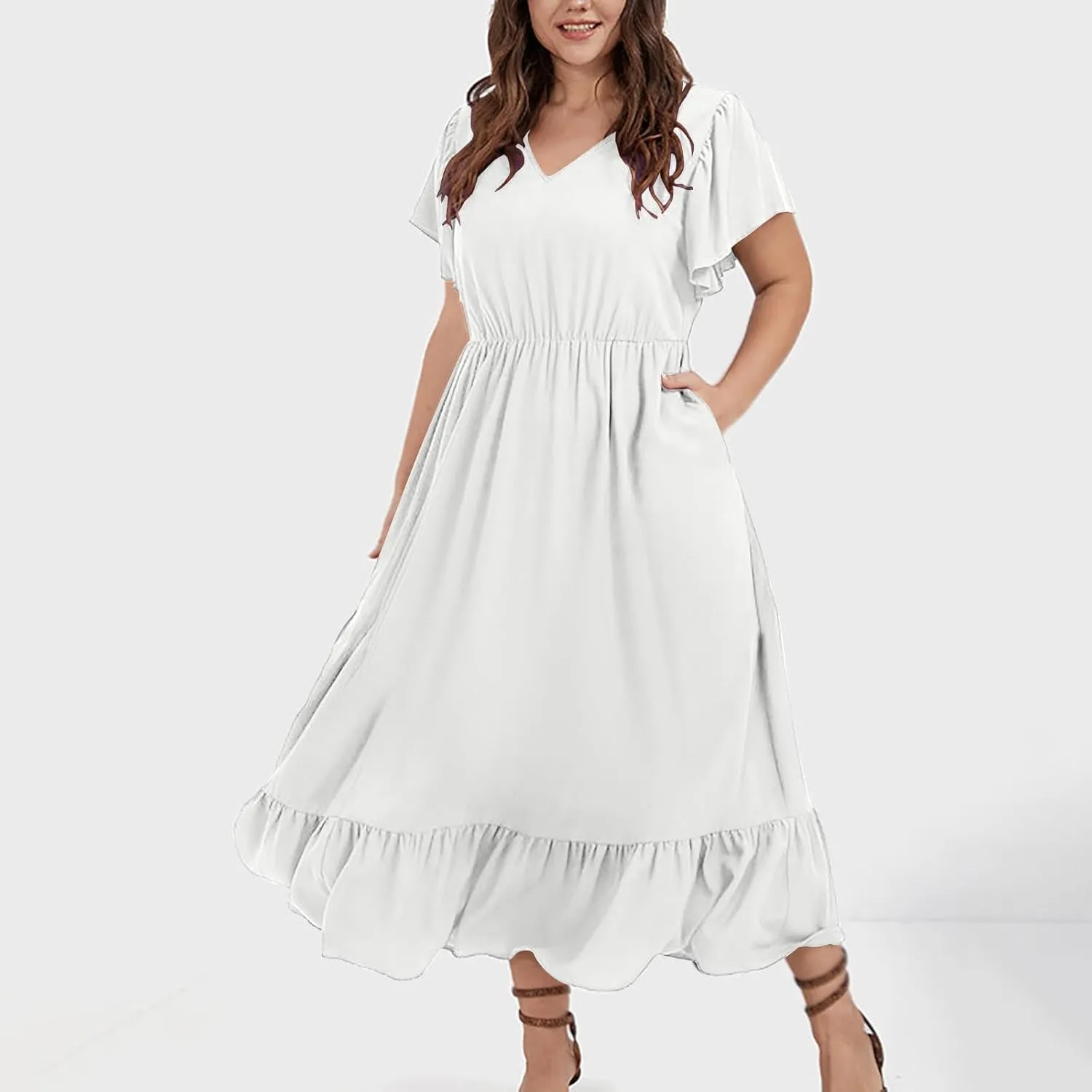 Sundresses for Women Short Sleeve V Neck Plus Size Summer Midi Dresses Ruffle Hem Flowy Swing Boho Dress with Pockets