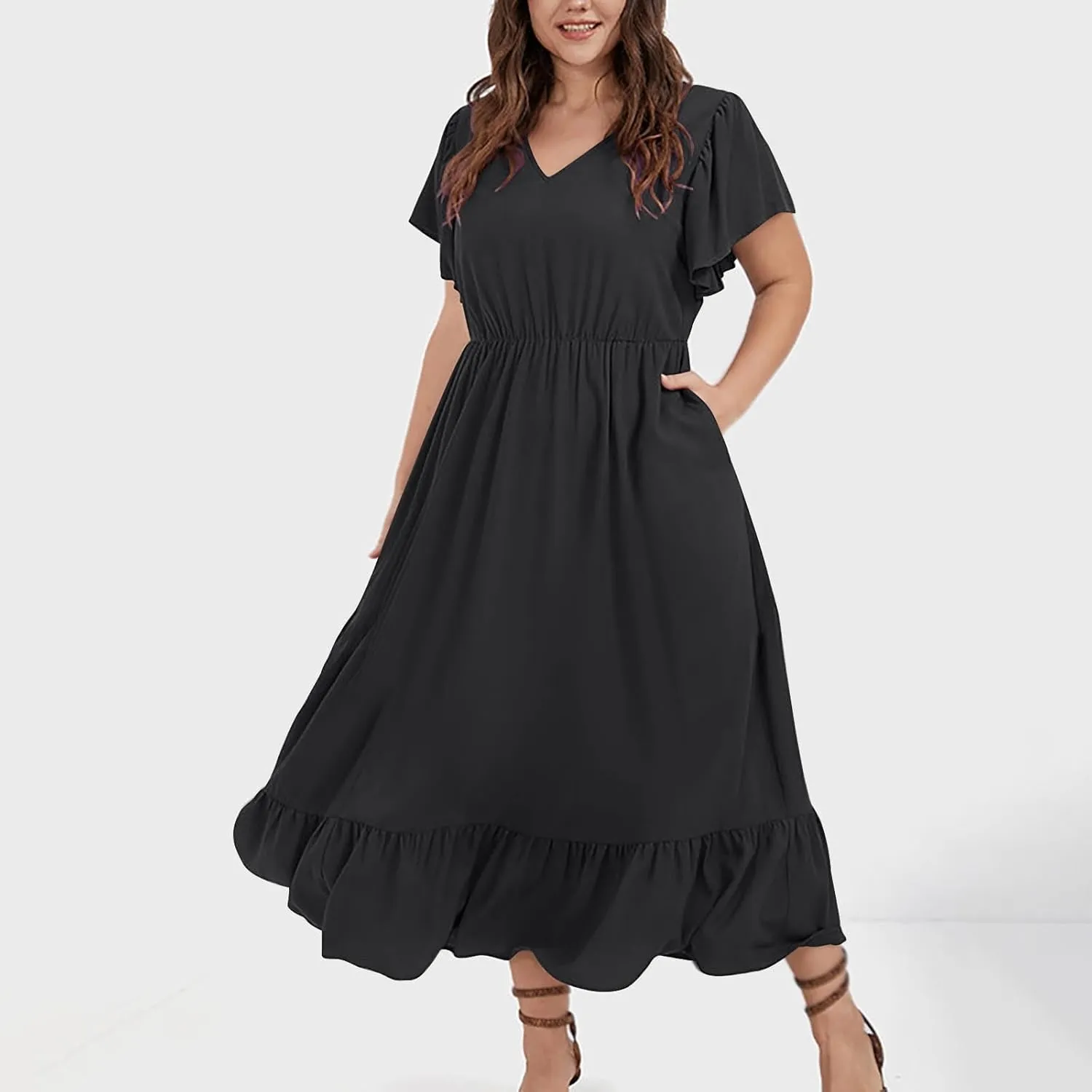 Sundresses for Women Short Sleeve V Neck Plus Size Summer Midi Dresses Ruffle Hem Flowy Swing Boho Dress with Pockets