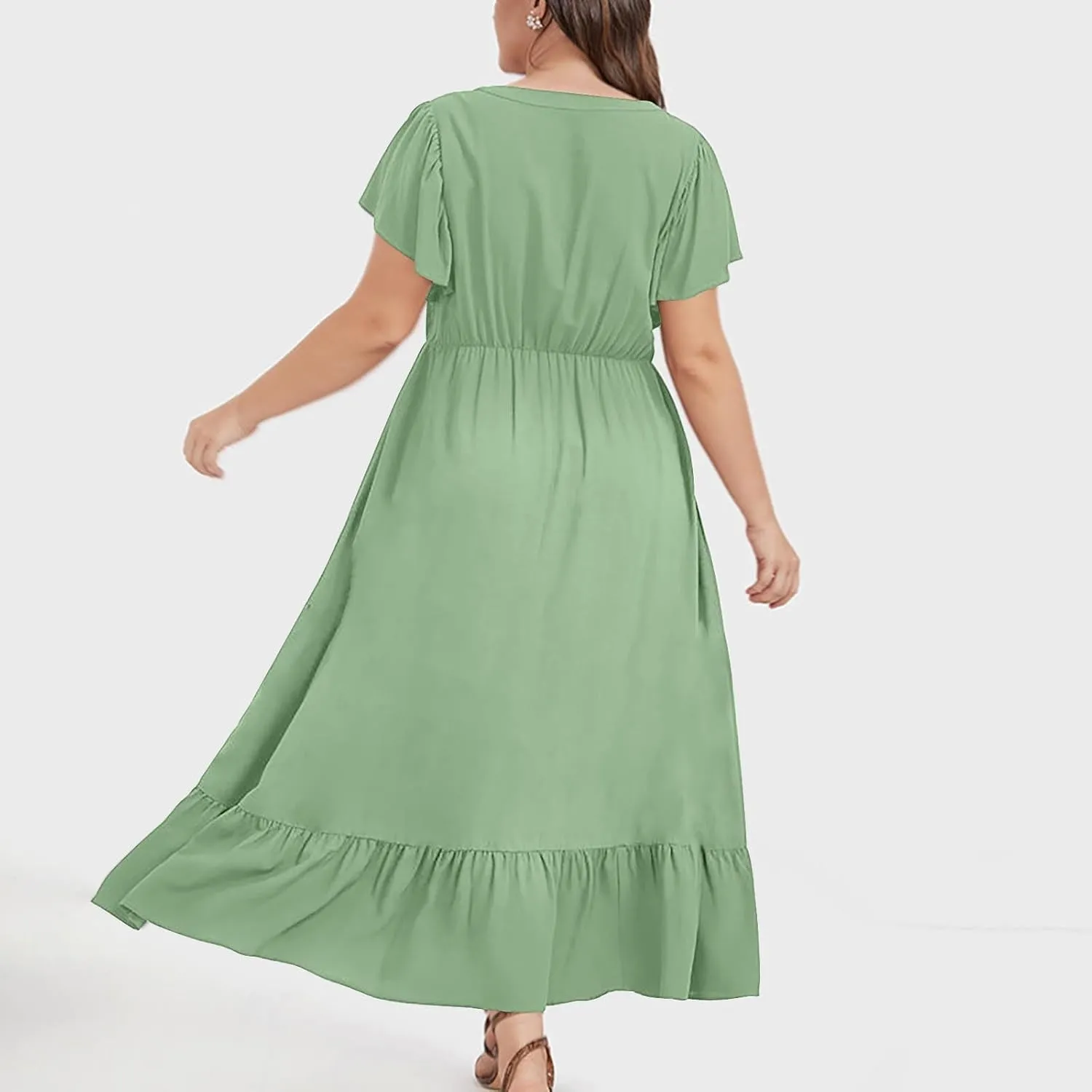 Sundresses for Women Short Sleeve V Neck Plus Size Summer Midi Dresses Ruffle Hem Flowy Swing Boho Dress with Pockets
