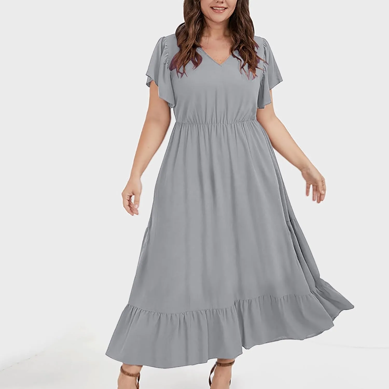 Sundresses for Women Short Sleeve V Neck Plus Size Summer Midi Dresses Ruffle Hem Flowy Swing Boho Dress with Pockets
