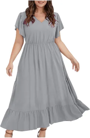 Sundresses for Women Short Sleeve V Neck Plus Size Summer Midi Dresses Ruffle Hem Flowy Swing Boho Dress with Pockets