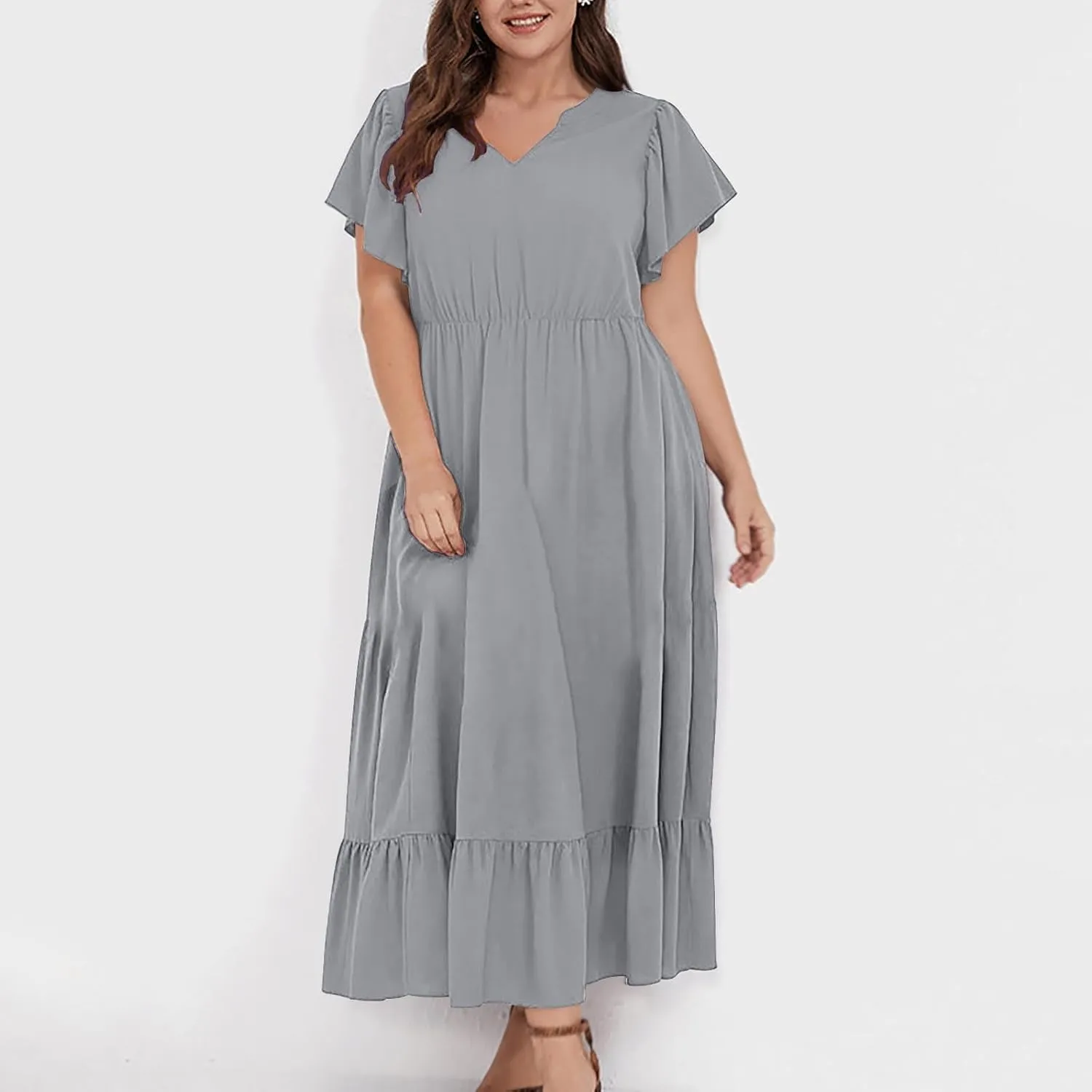 Sundresses for Women Short Sleeve V Neck Plus Size Summer Midi Dresses Ruffle Hem Flowy Swing Boho Dress with Pockets