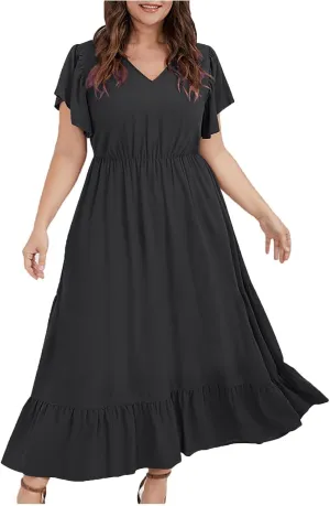 Sundresses for Women Short Sleeve V Neck Plus Size Summer Midi Dresses Ruffle Hem Flowy Swing Boho Dress with Pockets