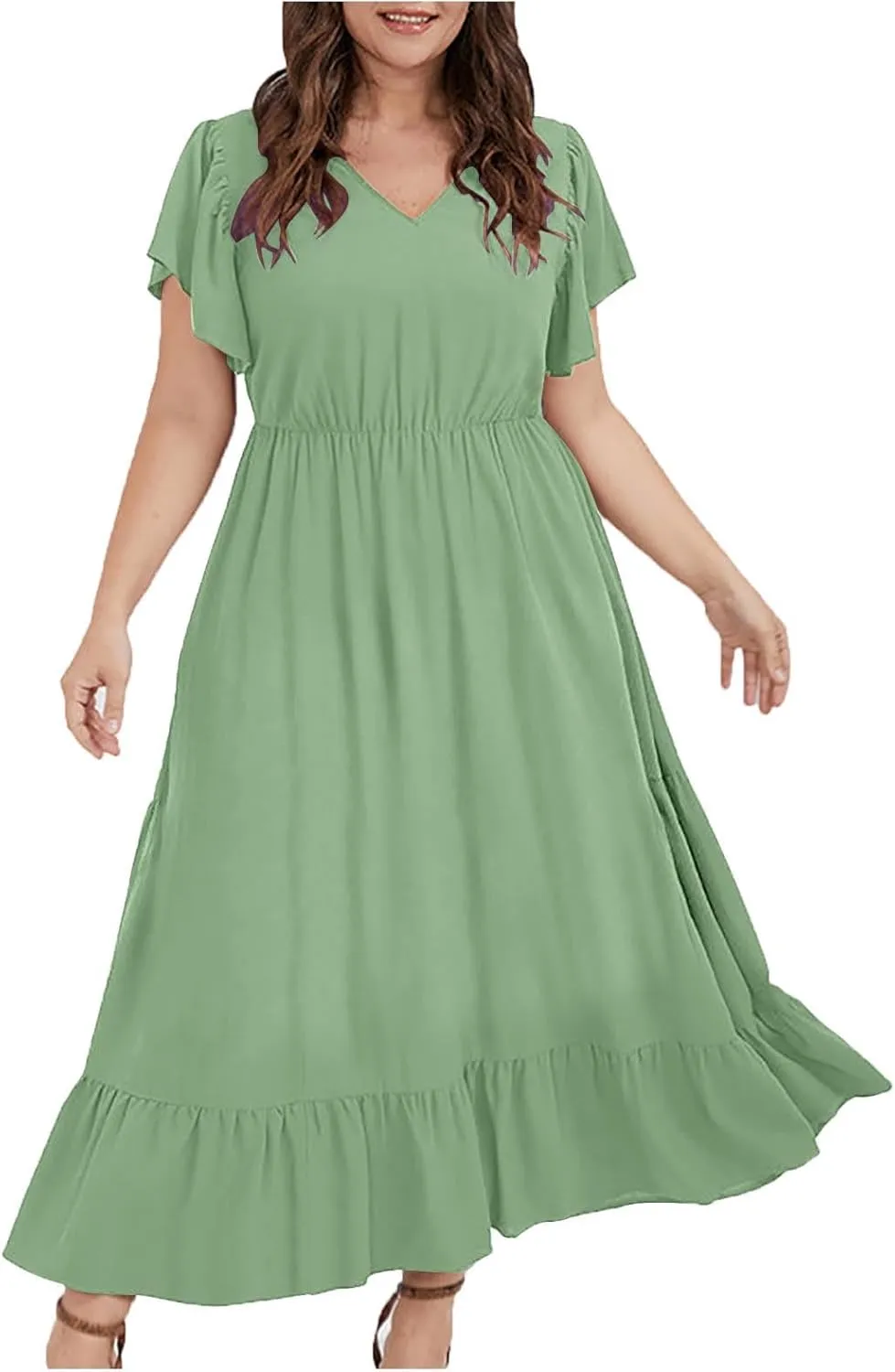 Sundresses for Women Short Sleeve V Neck Plus Size Summer Midi Dresses Ruffle Hem Flowy Swing Boho Dress with Pockets