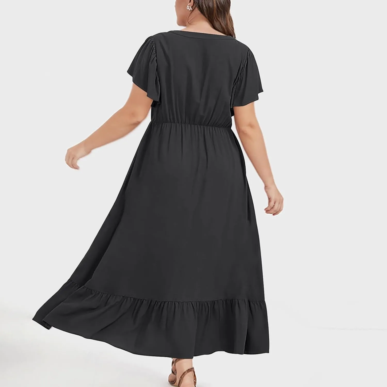 Sundresses for Women Short Sleeve V Neck Plus Size Summer Midi Dresses Ruffle Hem Flowy Swing Boho Dress with Pockets