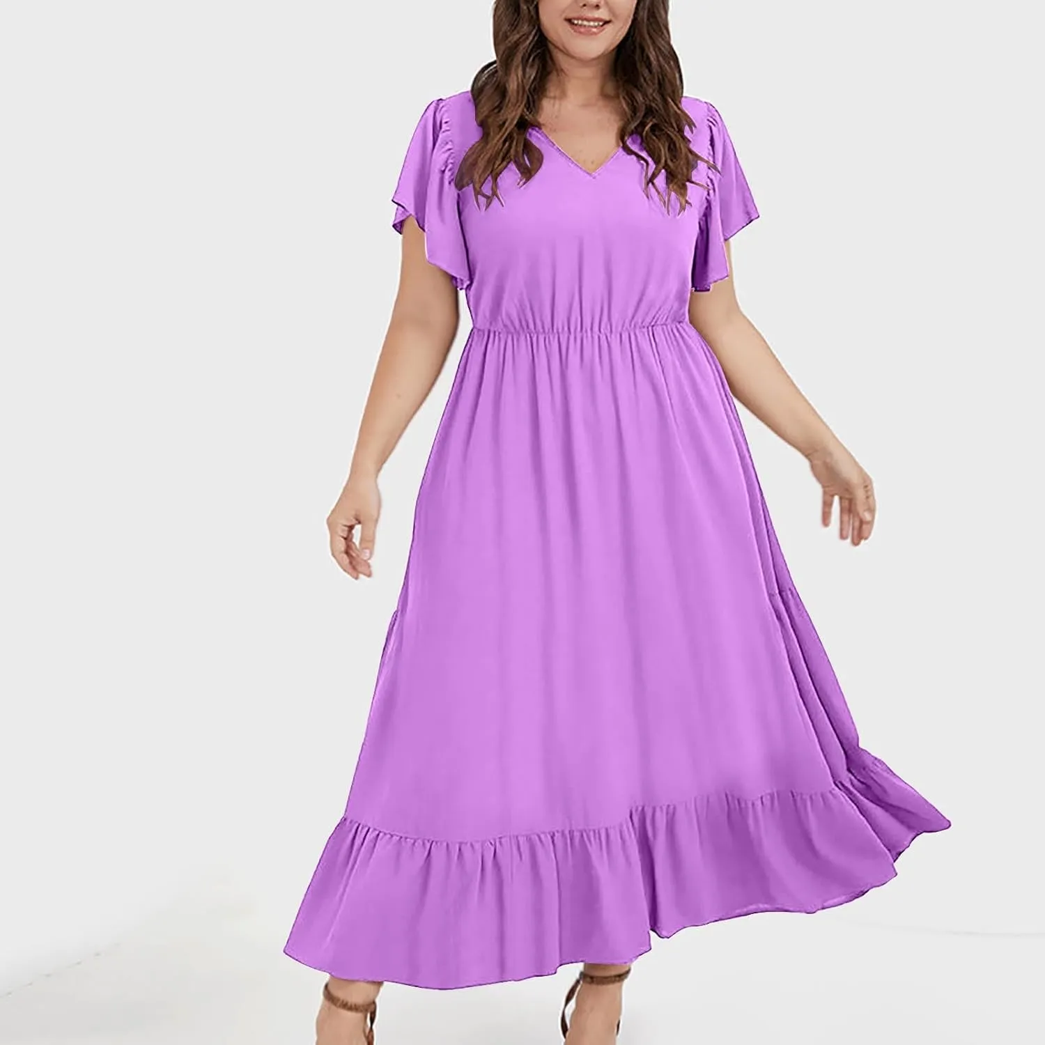 Sundresses for Women Short Sleeve V Neck Plus Size Summer Midi Dresses Ruffle Hem Flowy Swing Boho Dress with Pockets