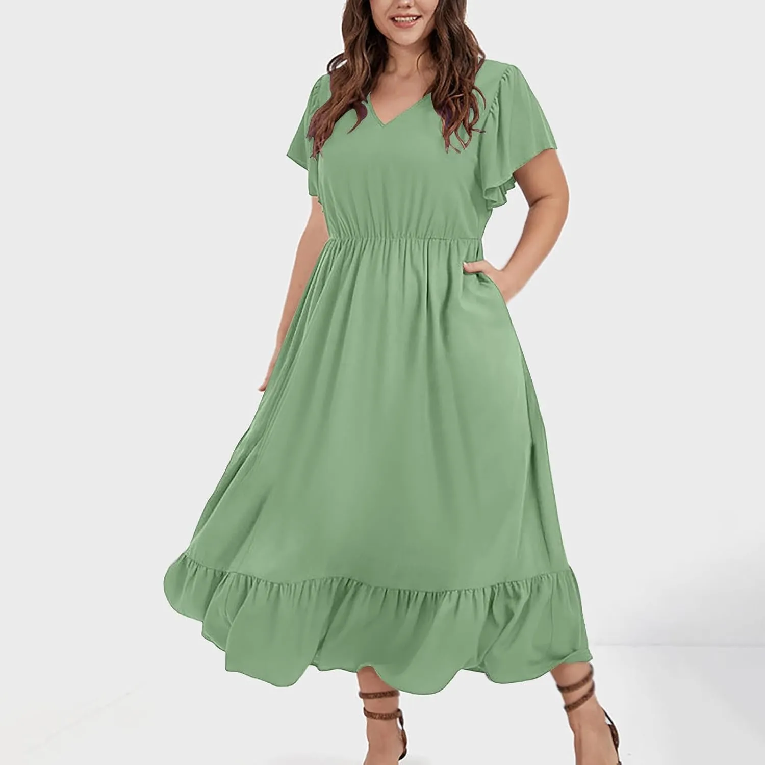 Sundresses for Women Short Sleeve V Neck Plus Size Summer Midi Dresses Ruffle Hem Flowy Swing Boho Dress with Pockets